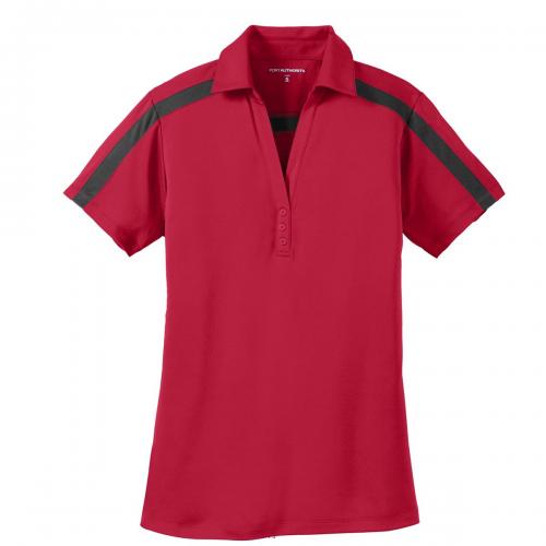 Port Authority Ladies Silk Touch Performance Colorblock Stripe Polo. L547 Red/ Black Small